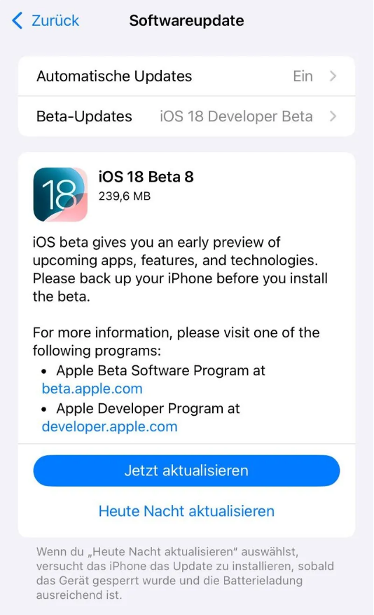 江油苹果手机维修分享苹果 iOS / iPadOS 18 开发者预览版 Beta 8 发布 